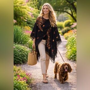 Floral Embroidered Black Shawl ANTHROPOLOGY LIKE EMBROIDERED SCARF